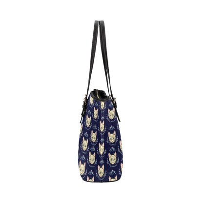 Cat Head with flower Print Pattern Leather Tote Bag