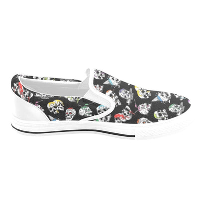 Skull Print Design LKS3013 White Slip Ons Canvas Women's Shoes