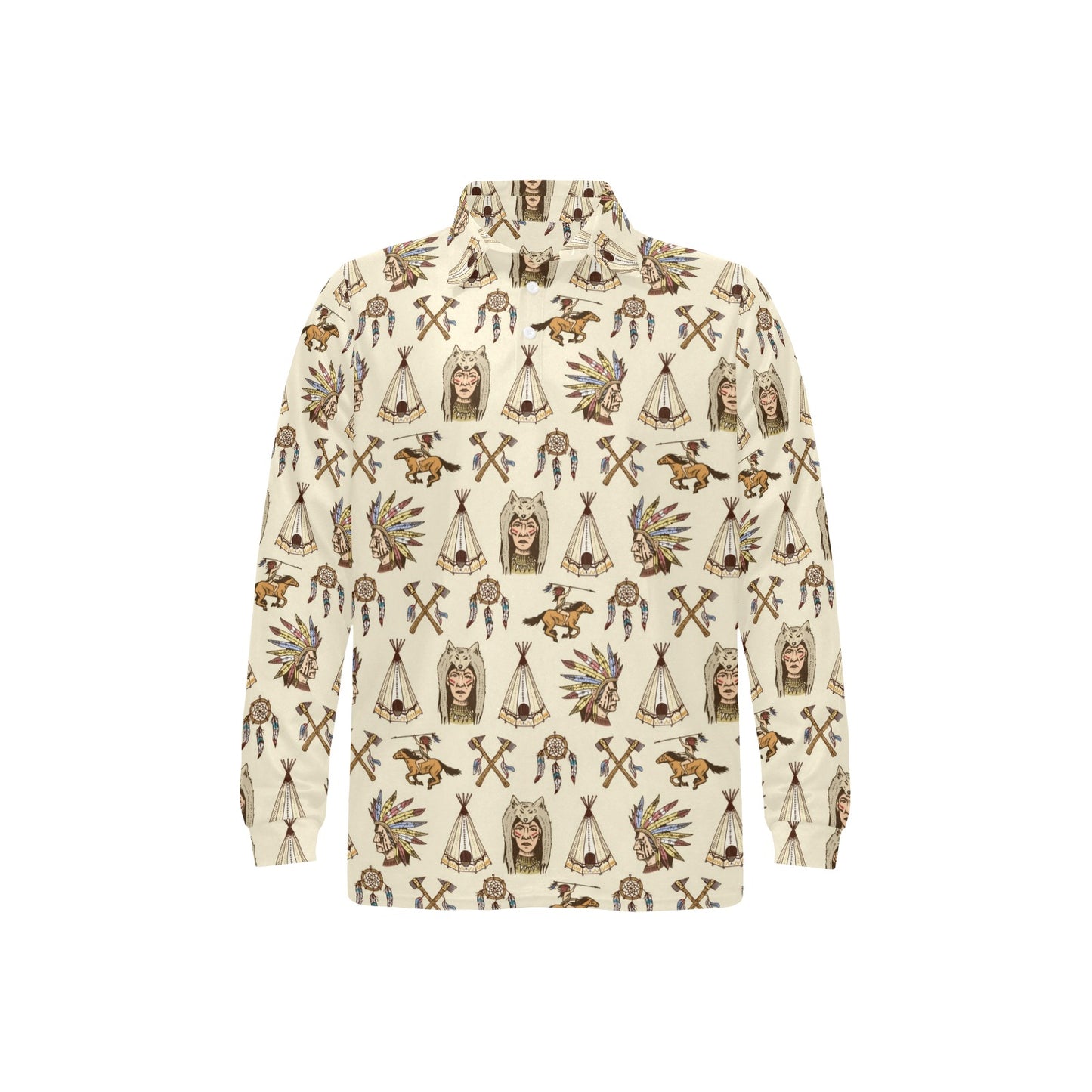 Native Indian Pattern Design Print Long Sleeve Polo Shirt For Men's