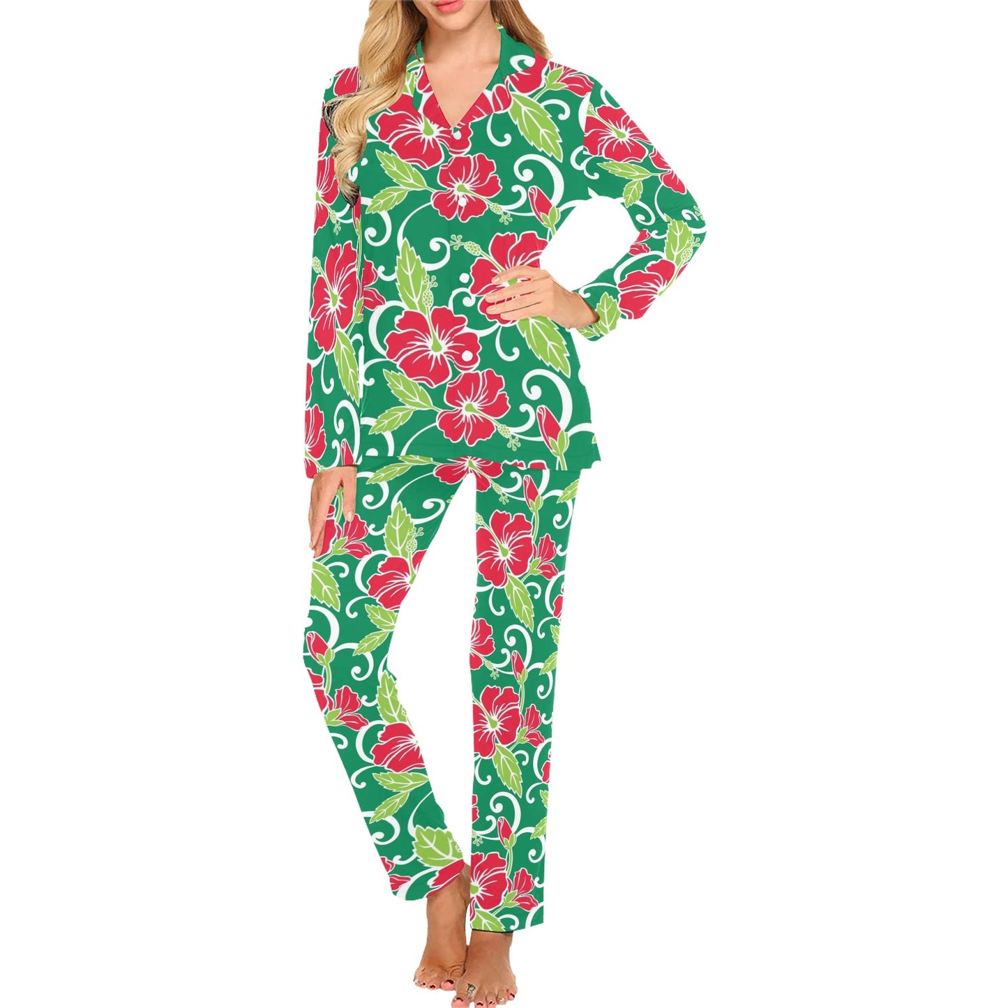 Red Hibiscus Pattern Print Design HB019 Women's Long Pajama Set