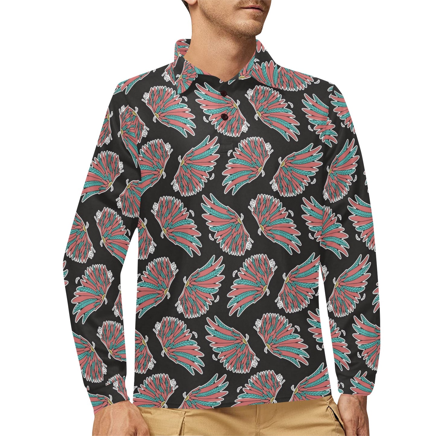 Angel Wings Pattern Print Design 05 Long Sleeve Polo Shirt For Men's