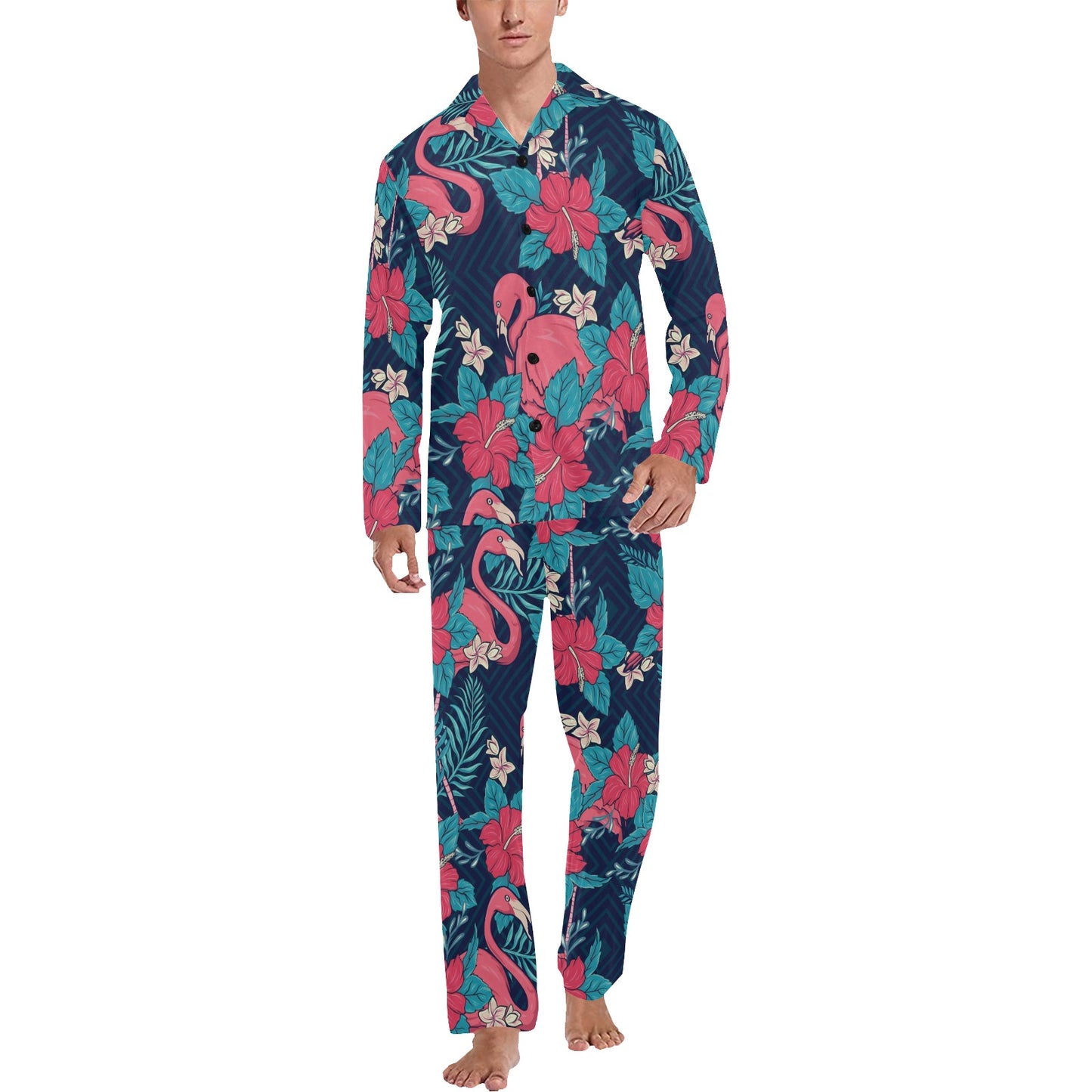 Flamingo Red Hibiscus Pattern Men's Long Pajama Set