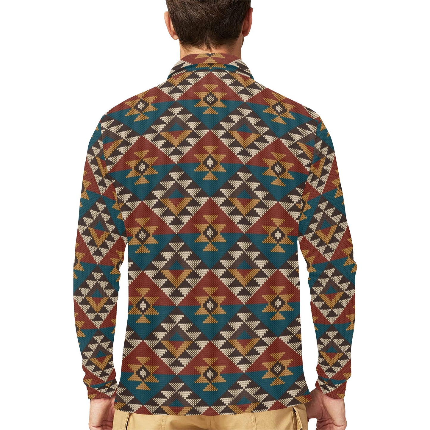 Knit Aztec Tribal Long Sleeve Polo Shirt For Men's