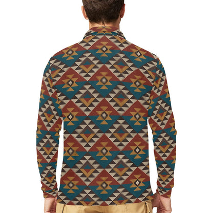 Knit Aztec Tribal Long Sleeve Polo Shirt For Men's
