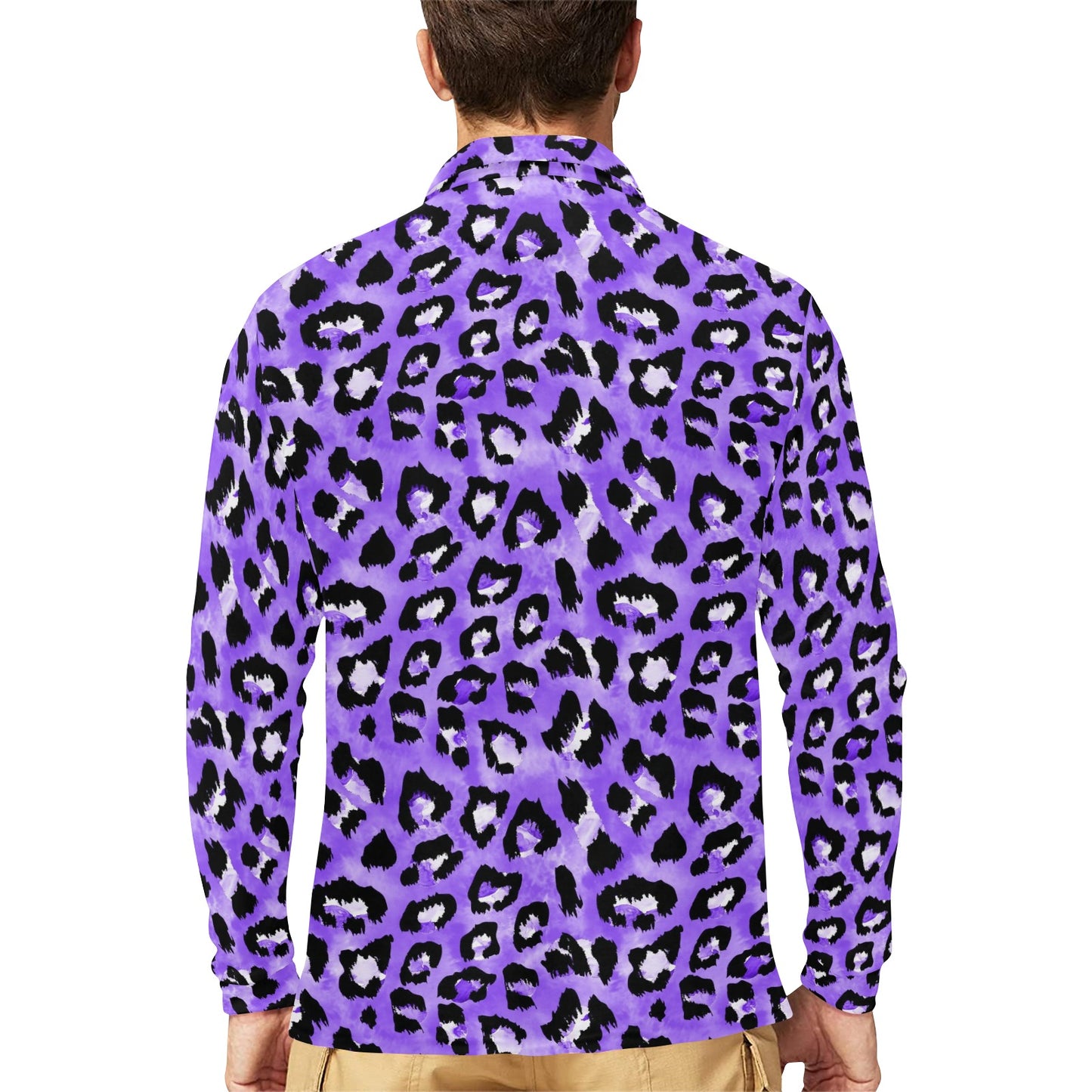 Leopard Purple Skin Print Long Sleeve Polo Shirt For Men's