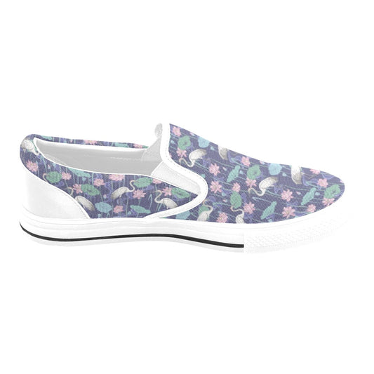 Water Lily Print Design LKS306 White Slip Ons Canvas Women's Shoes