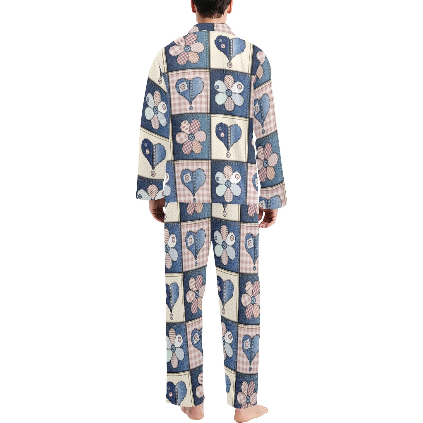 Patchwork Heart Flower Pattern Print Design 01 Men's Long Pajama Set