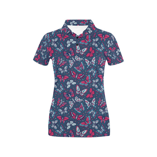 Butterfly Red Deep Blue Print Pattern Women's Polo Shirt