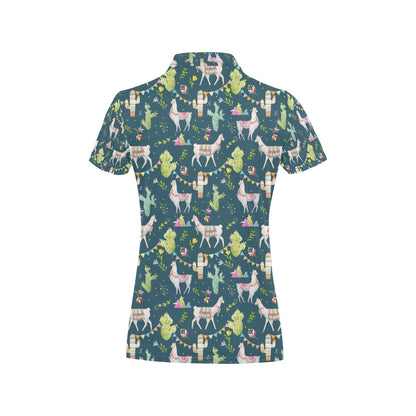 Llama with Cactus Design Print Women's Polo Shirt