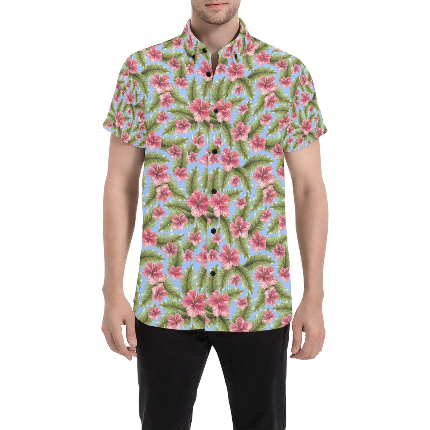 Tropical Flower Print Design LKS301 Men Short Sleeve Button Up Shirt