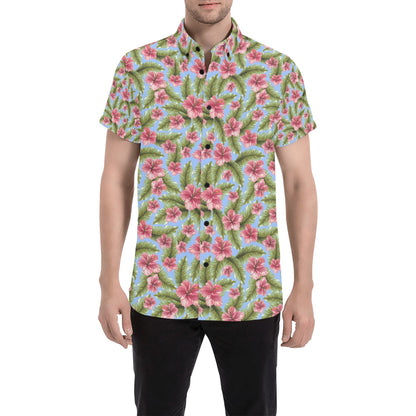 Tropical Flower Print Design LKS301 Men Short Sleeve Button Up Shirt