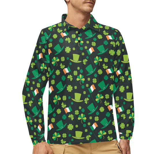 Shamrock Saint Patrick's Day Print Design LKS304 Long Sleeve Polo Shirt For Men's