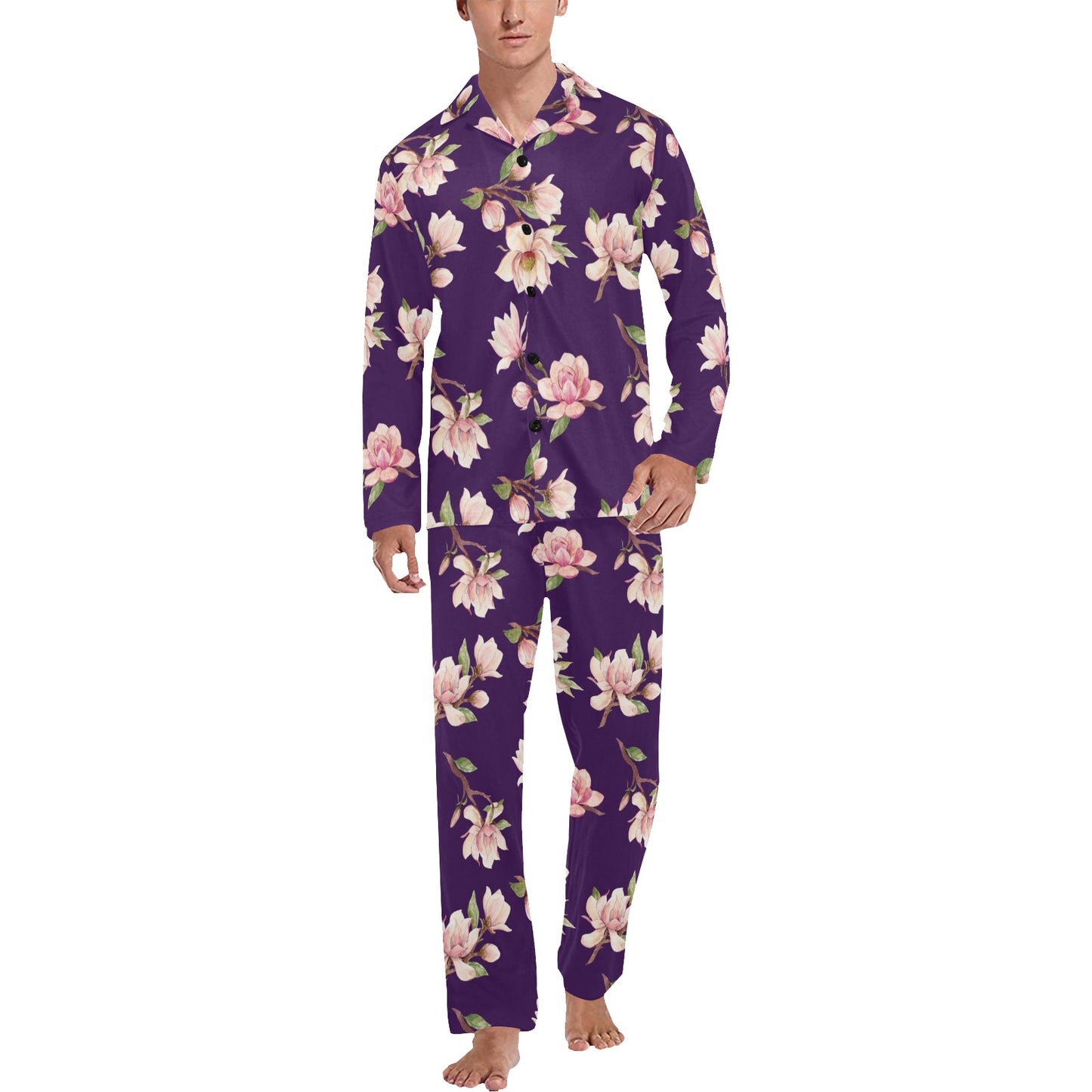 Magnolia Pattern Print Design MAG02 Men's Long Pajama Set