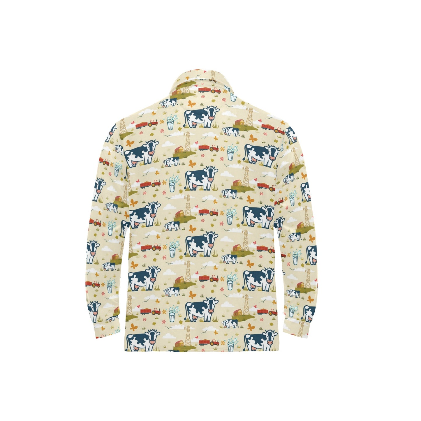 Cow Farm Design Print Long Sleeve Polo Shirt For Men's