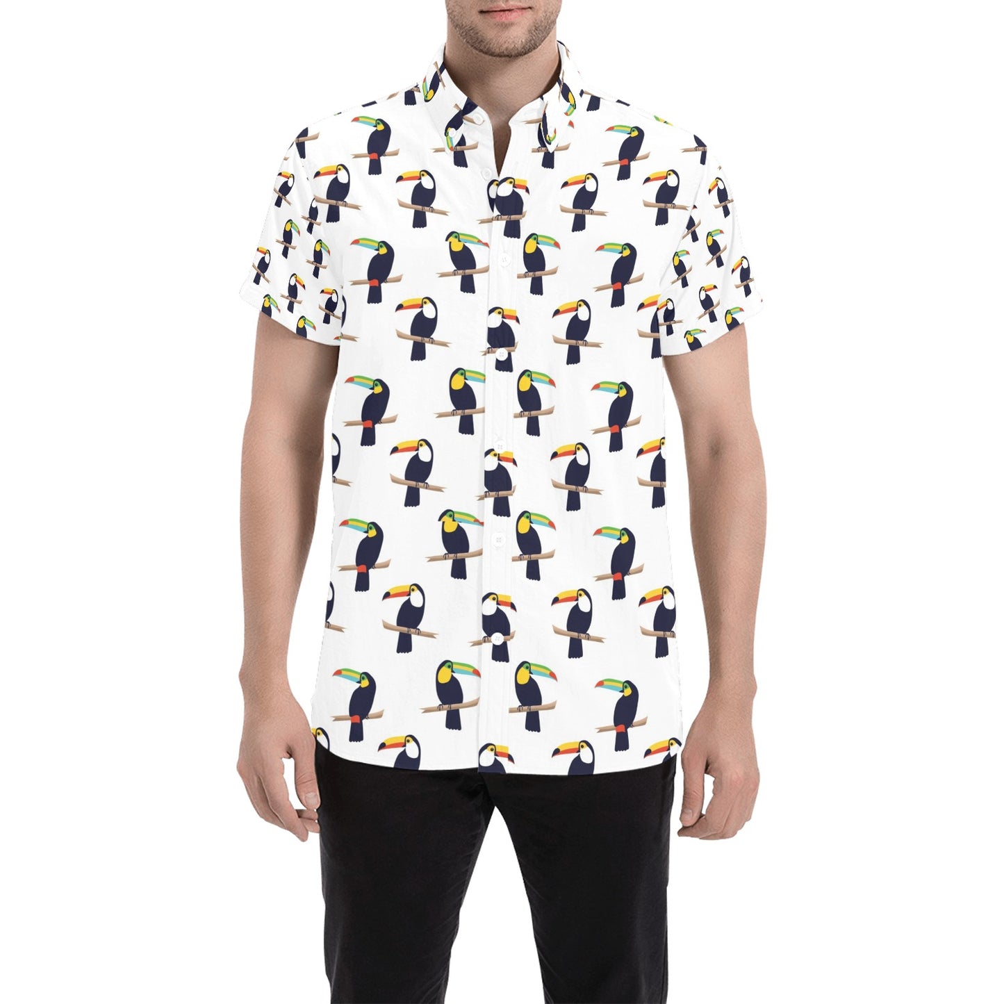 Toucan Print Design LKS305 Men Short Sleeve Button Up Shirt