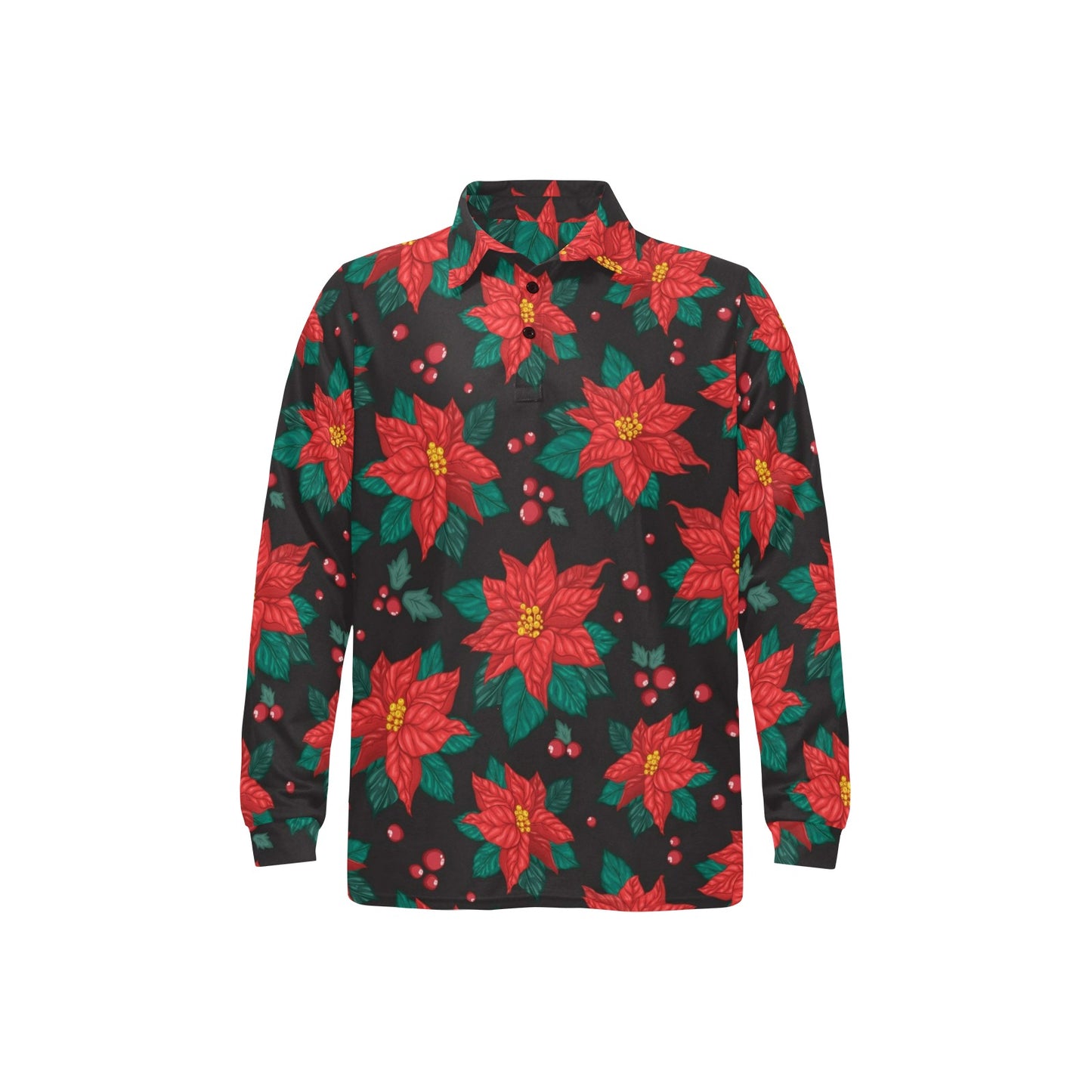 Poinsettia Pattern Print Design POT07 Long Sleeve Polo Shirt For Men's
