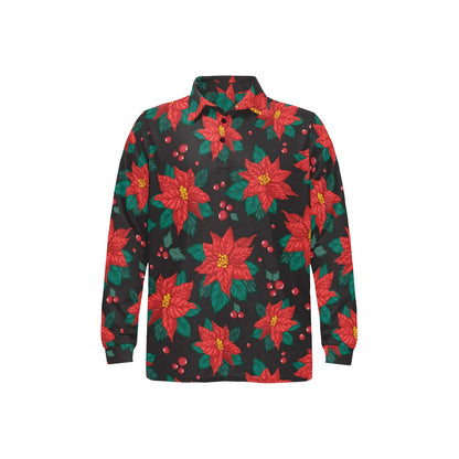 Poinsettia Pattern Print Design POT07 Long Sleeve Polo Shirt For Men's