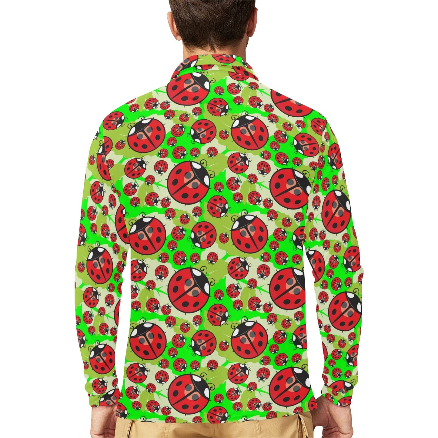 Ladybug with Leaf Print Pattern Long Sleeve Polo Shirt For Men's