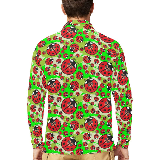 Ladybug with Leaf Print Pattern Long Sleeve Polo Shirt For Men's