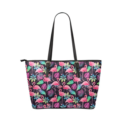 Flamingo Tropical leaves Neon Print Leather Tote Bag