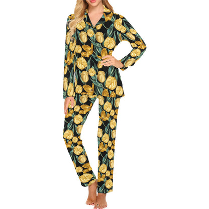 Elegant Yellow Tulip Print Women's Long Pajama Set