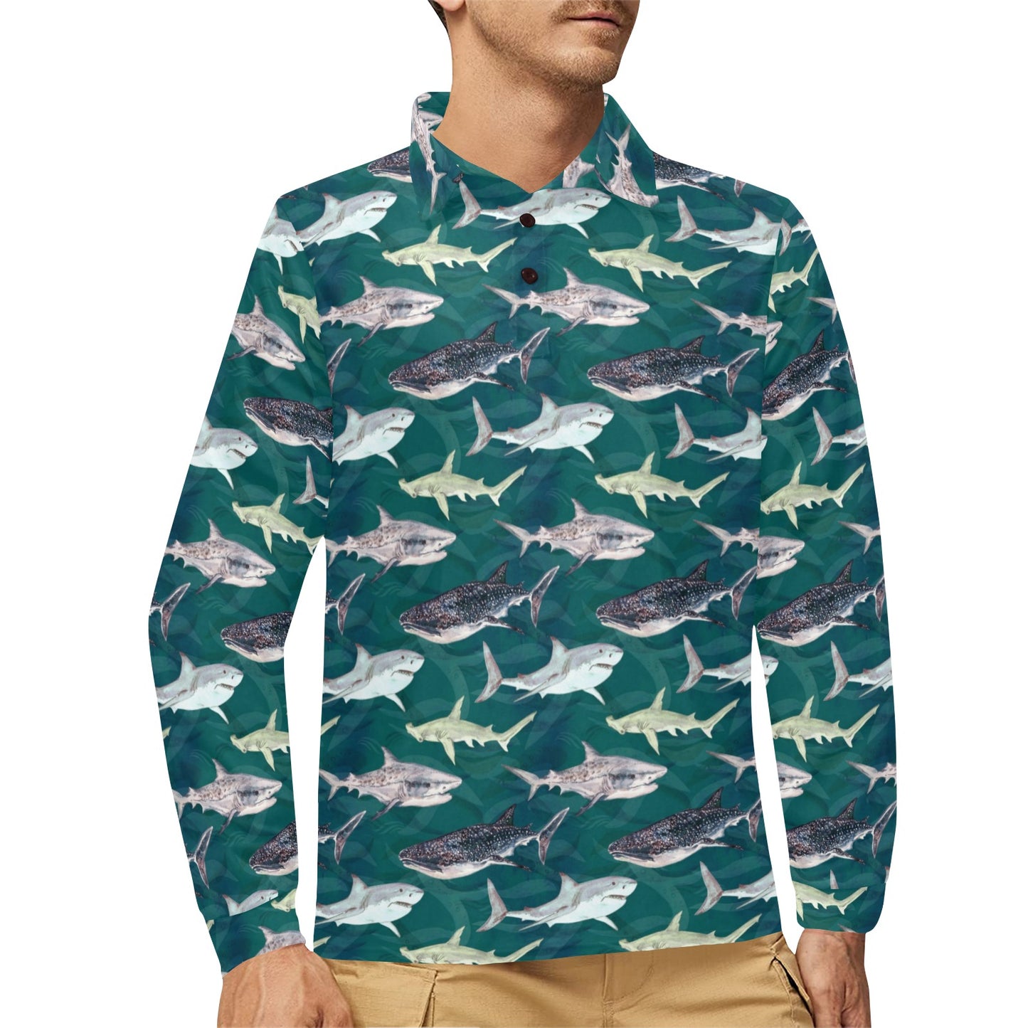 Shark Style Print Long Sleeve Polo Shirt For Men's