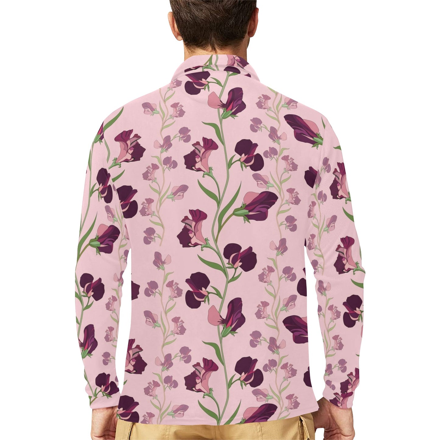 Peony Pattern Print Design PE09 Long Sleeve Polo Shirt For Men's