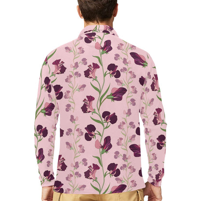 Peony Pattern Print Design PE09 Long Sleeve Polo Shirt For Men's