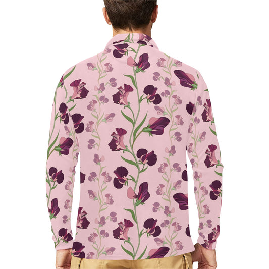 Peony Pattern Print Design PE09 Long Sleeve Polo Shirt For Men's