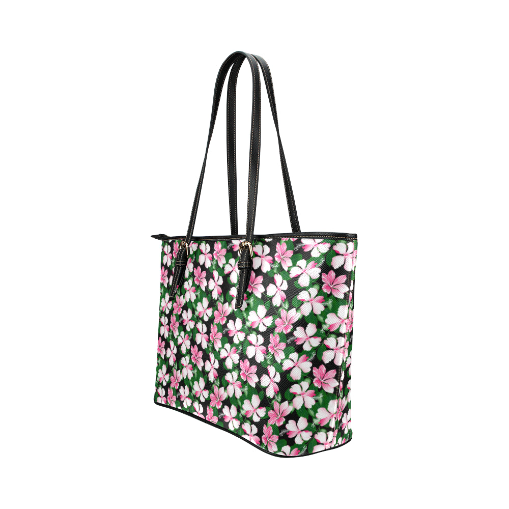 Hibiscus Pink Flower Hawaiian Print Leather Tote Bag