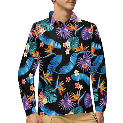 Tropical Flower Pattern Print Design TF018 Long Sleeve Polo Shirt For Men's