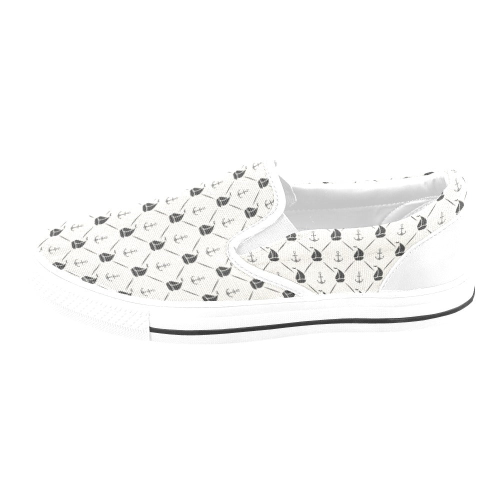 Sailboat Print Design LKS302 White Slip Ons Canvas Women's Shoes