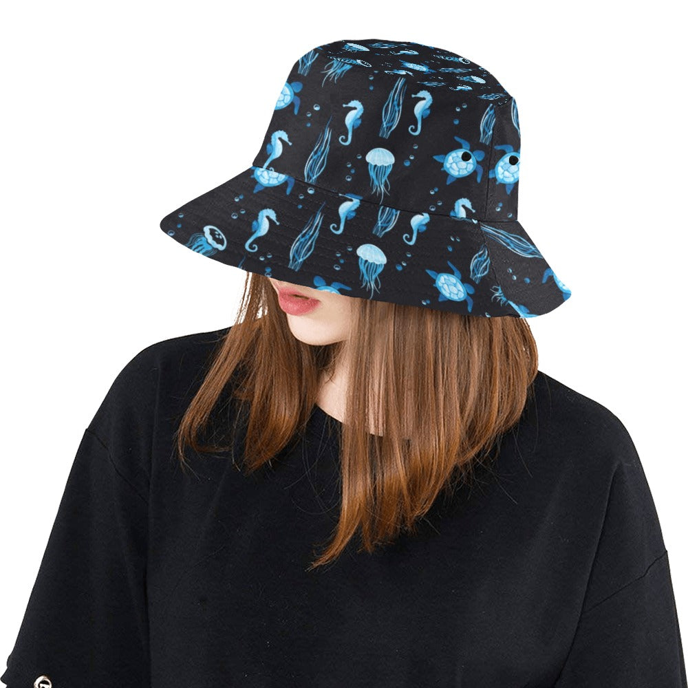 Sea Turtle Jelly Fish Sea Horse Print Design LKS3014 Unisex Bucket Hat