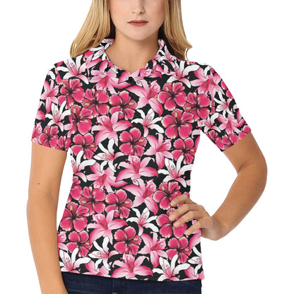 Flower Hawaiian Pink Red Hibiscus Print Women's Polo Shirt