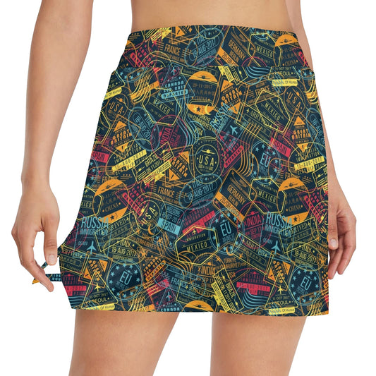 Travel Stamp Colorful Print Design LKS304 17" Golf & Pickleball Skort with Pockets