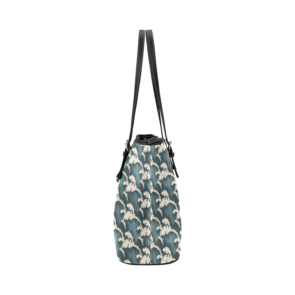Wave Art Print Leather Tote Bag