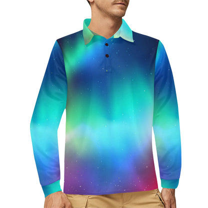 Aurora Borealis Pattern Print Design 02 Long Sleeve Polo Shirt For Men's