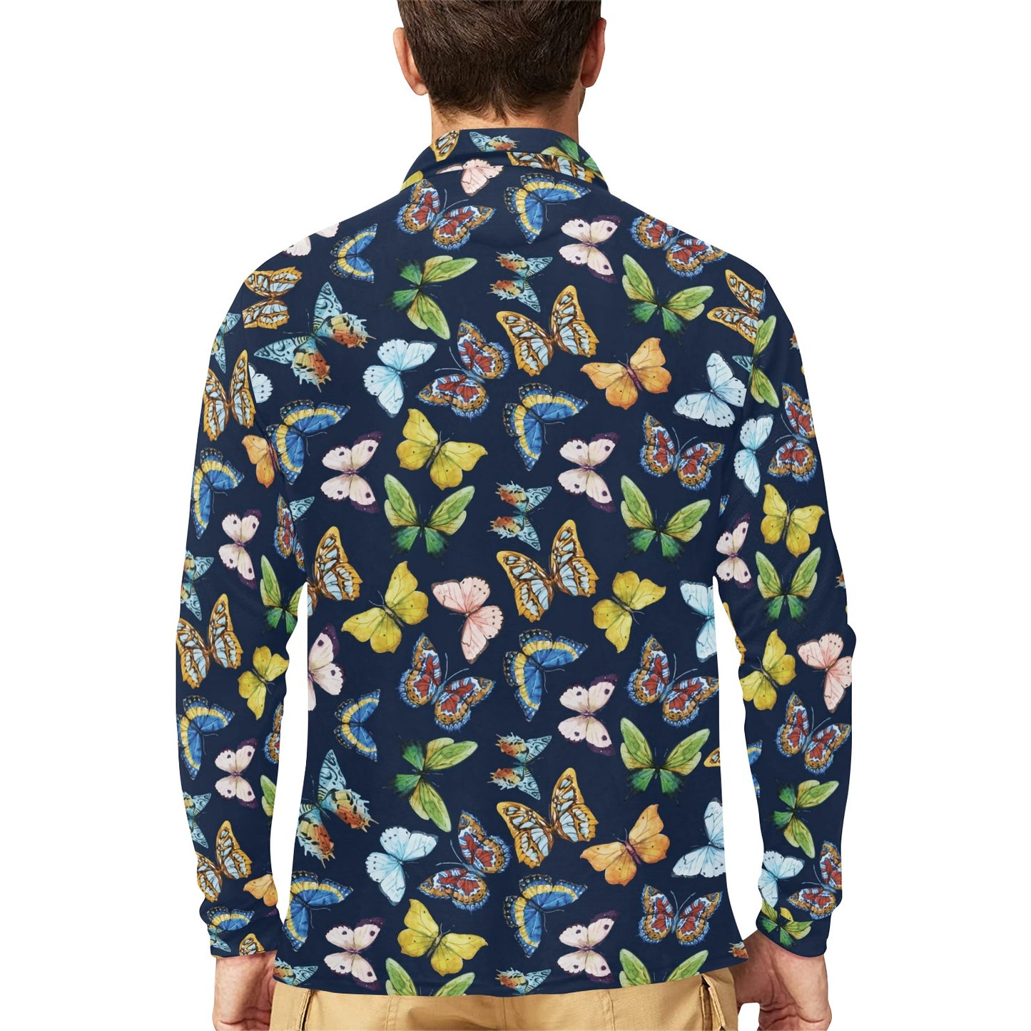 Butterfly Beautiful Print Pattern Long Sleeve Polo Shirt For Men's