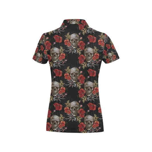 Spider Web Skull Rose Print Design LKS305 Women's Polo Shirt