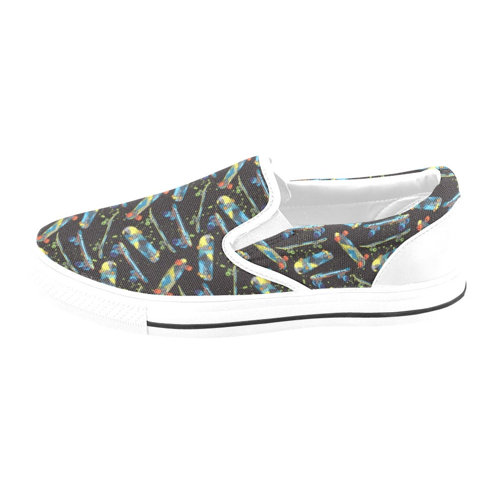 Skateboard Print Design LKS305 White Slip Ons Canvas Women's Shoes