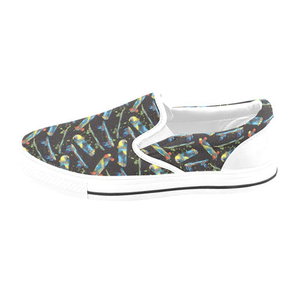 Skateboard Print Design LKS305 White Slip Ons Canvas Women's Shoes