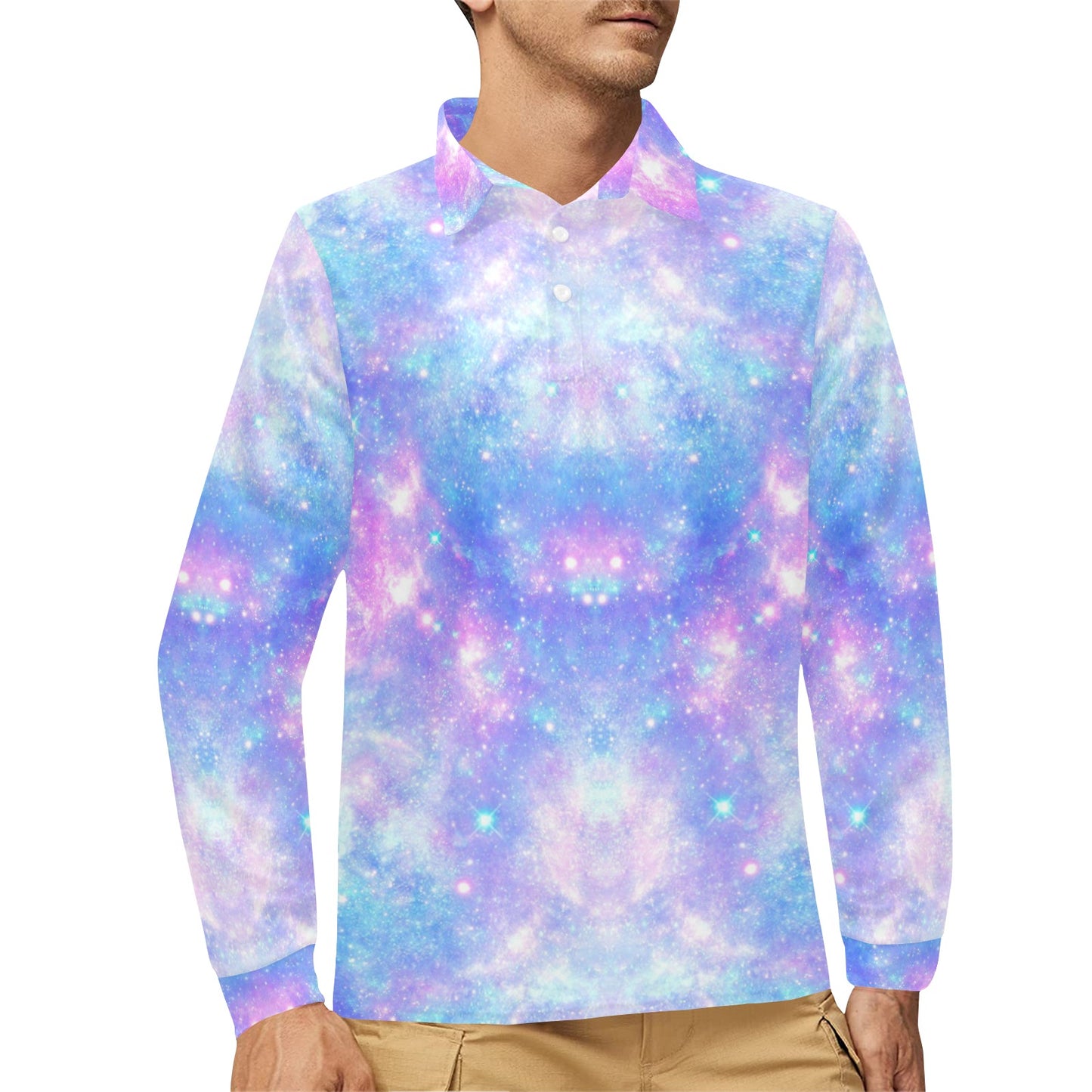 Galaxy Stardust Pastel Color Print Long Sleeve Polo Shirt For Men's