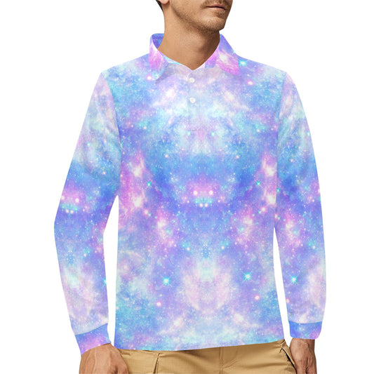 Galaxy Stardust Pastel Color Print Long Sleeve Polo Shirt For Men's