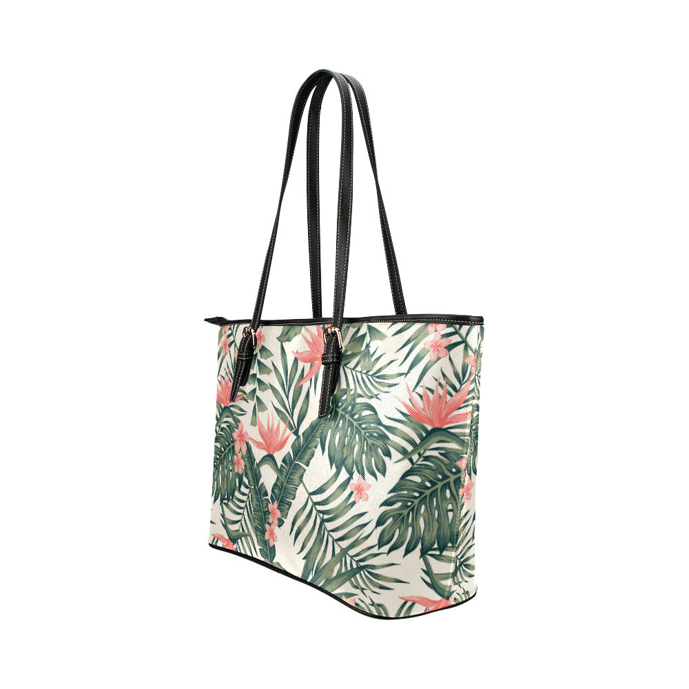 Tropical Flower Palm Leaves Leather Tote Bag