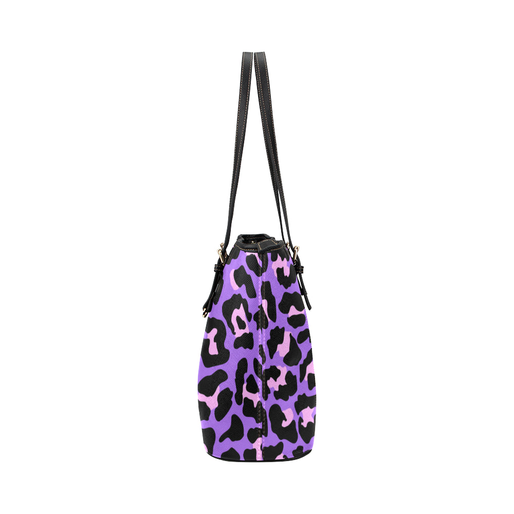 Cheetah Purple Neon Print Pattern Leather Tote Bag