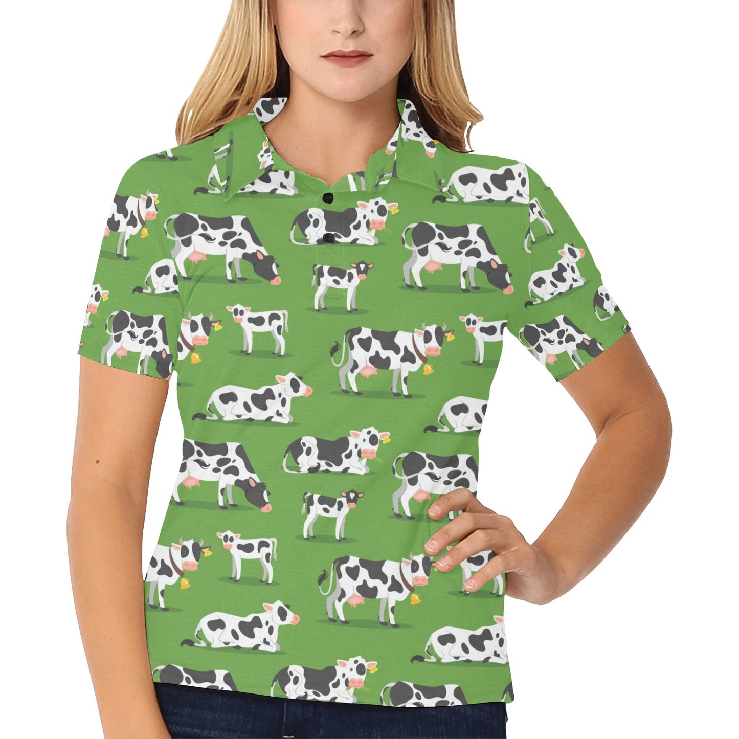 Cow Happy Print Pattern Women's Polo Shirt