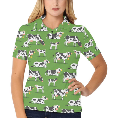 Cow Happy Print Pattern Women's Polo Shirt