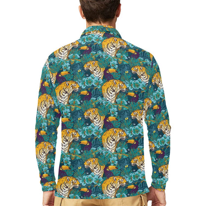 Tiger Tropical Print Design LKS301 Long Sleeve Polo Shirt For Men's