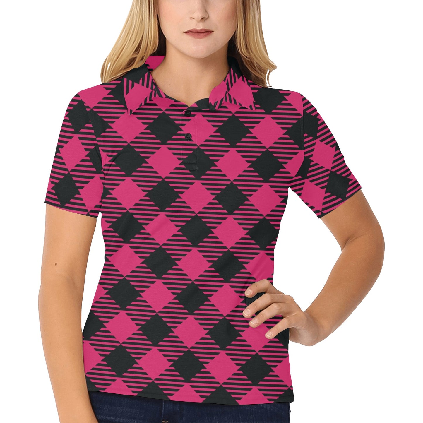 Buffalo check Pink Pattern Print Design 01 Women's Polo Shirt