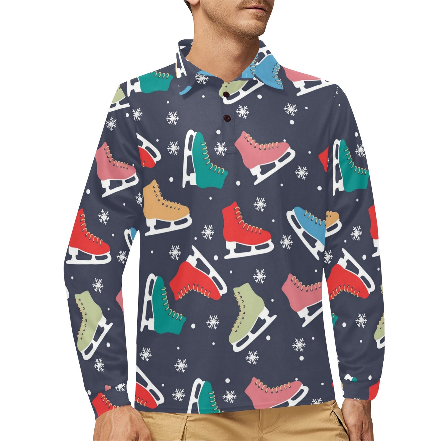 Ice Skate Pattern Print Design 04 Long Sleeve Polo Shirt For Men's